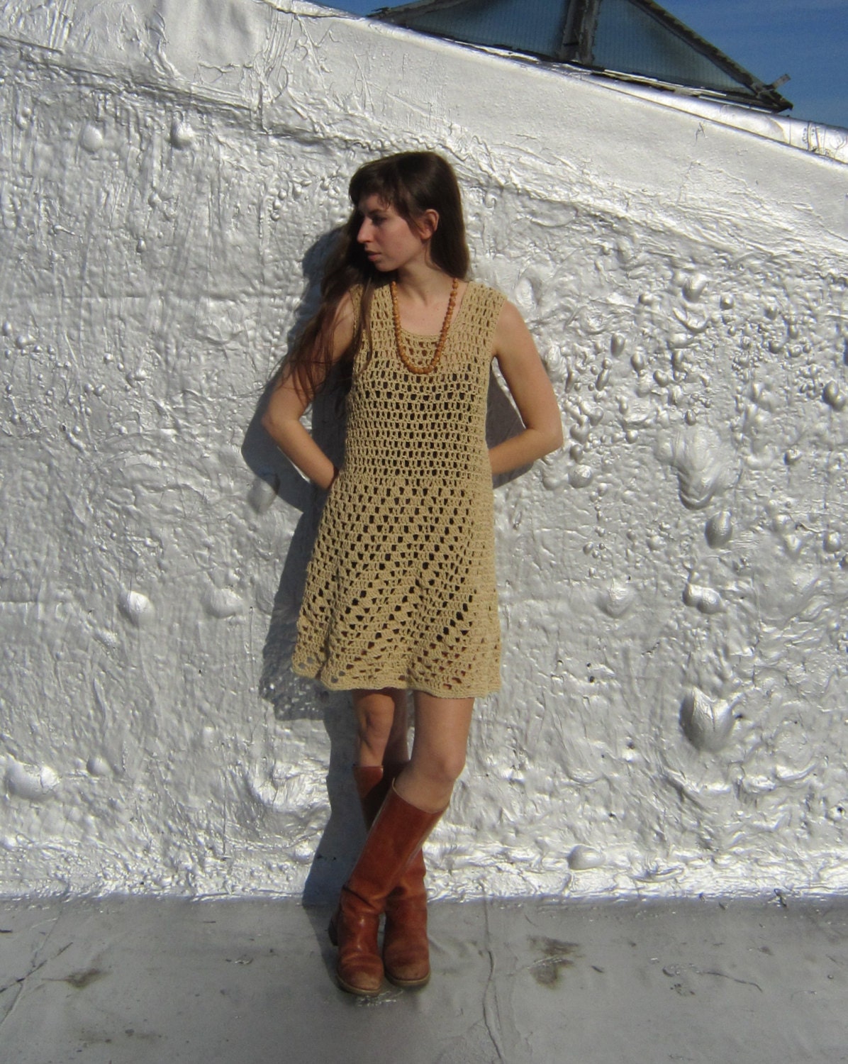 Crochet short dress, beige, pop over sundress, beach dress, vintage inspired boho hippie style