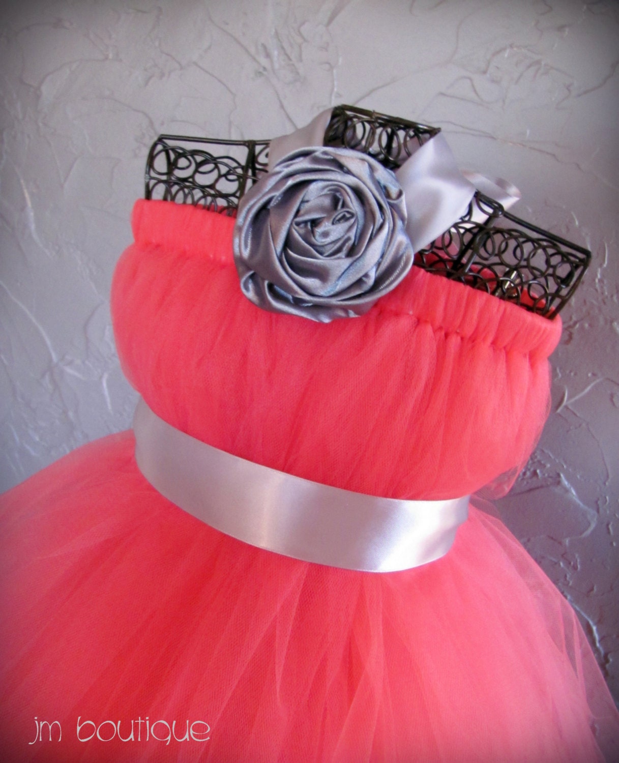 Coral & Gray Tutu Dress for Wedding, Flower Girl, Pageant