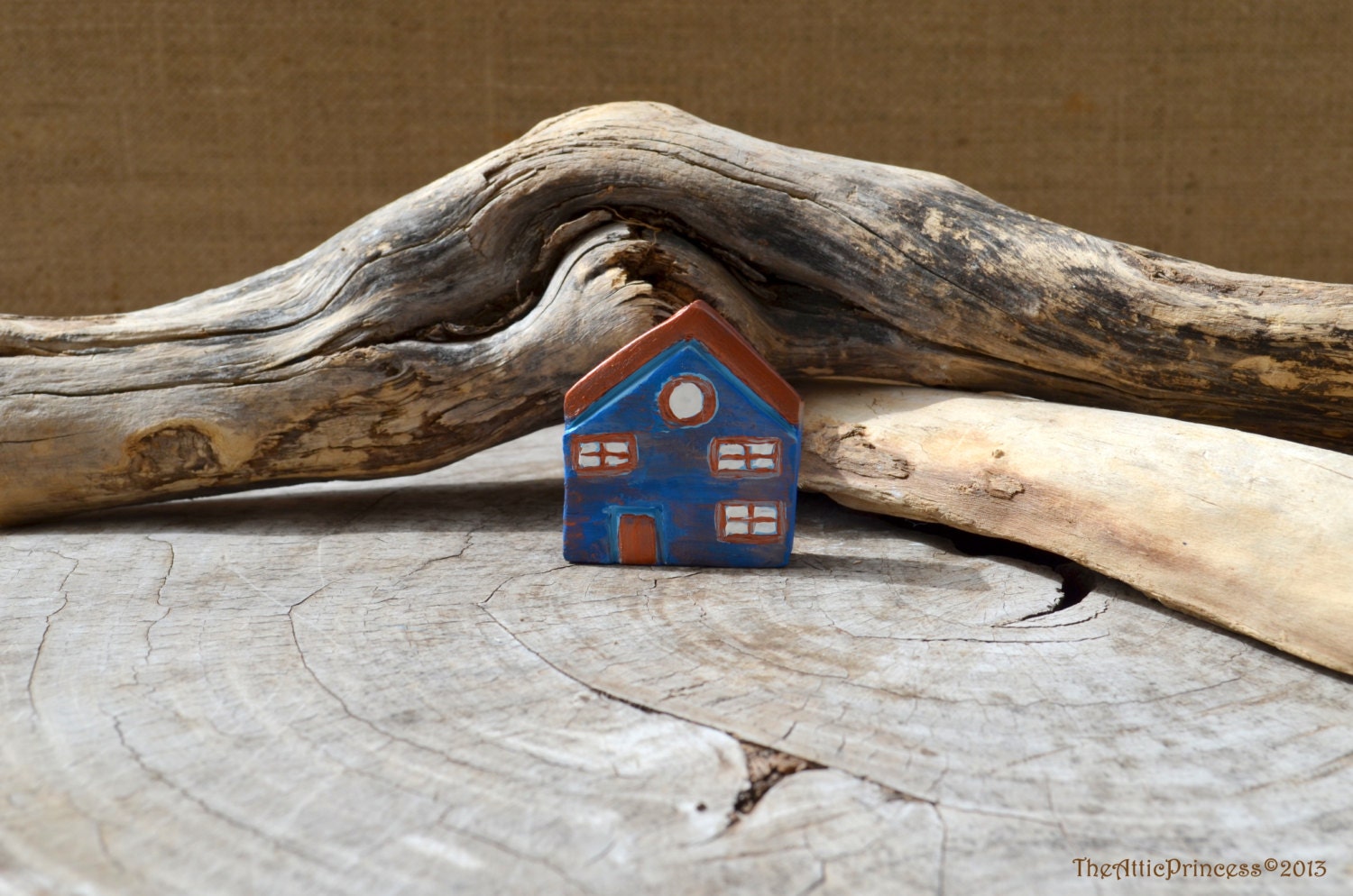Miniature cerulean blue clay house, spring home decoration