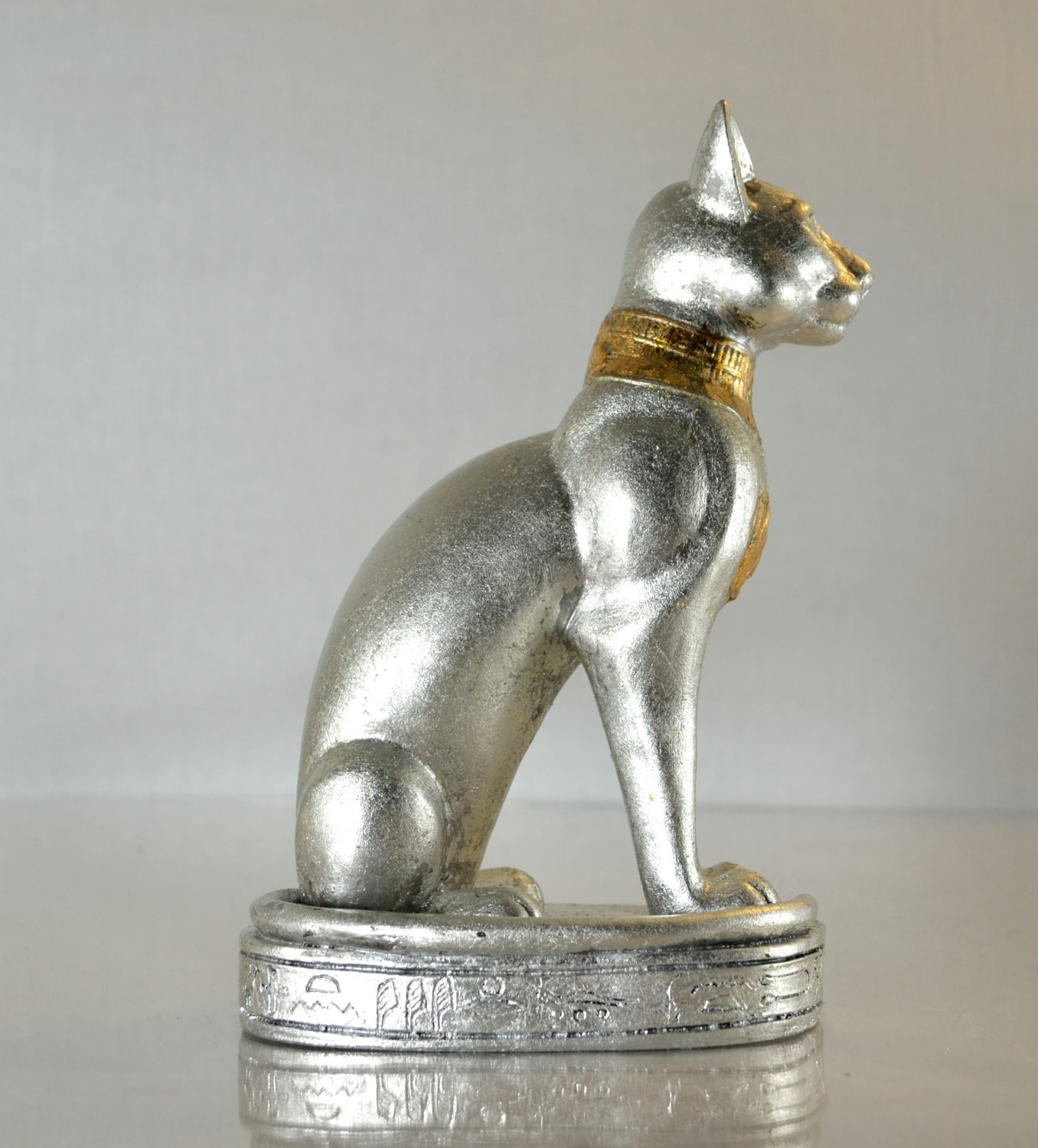 Silver and Gold Leaf Cat Statue - Egyptian Cat Statue - Silver Cat Figurine - Hollywood Regency
