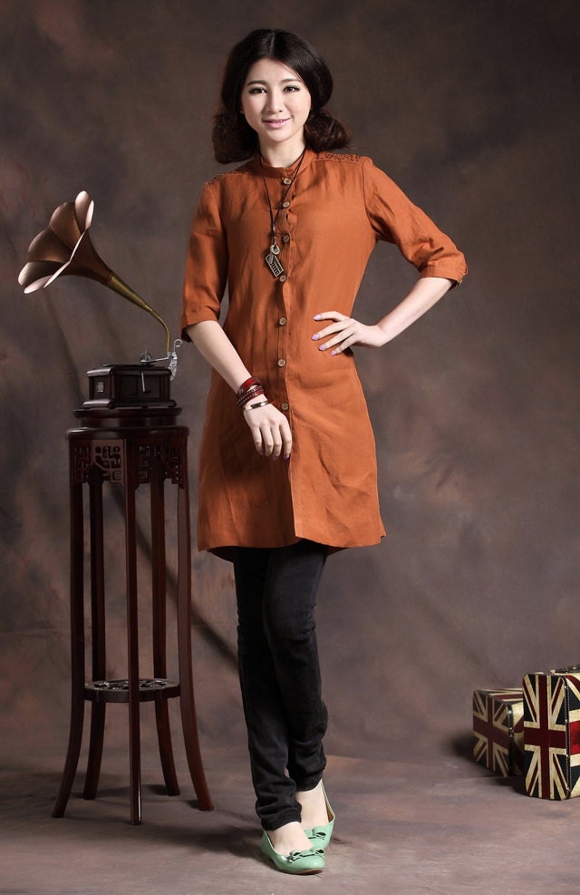 Hand-embroidered Linen Shirt / Linen Blouse Tunic Tops - Custom
