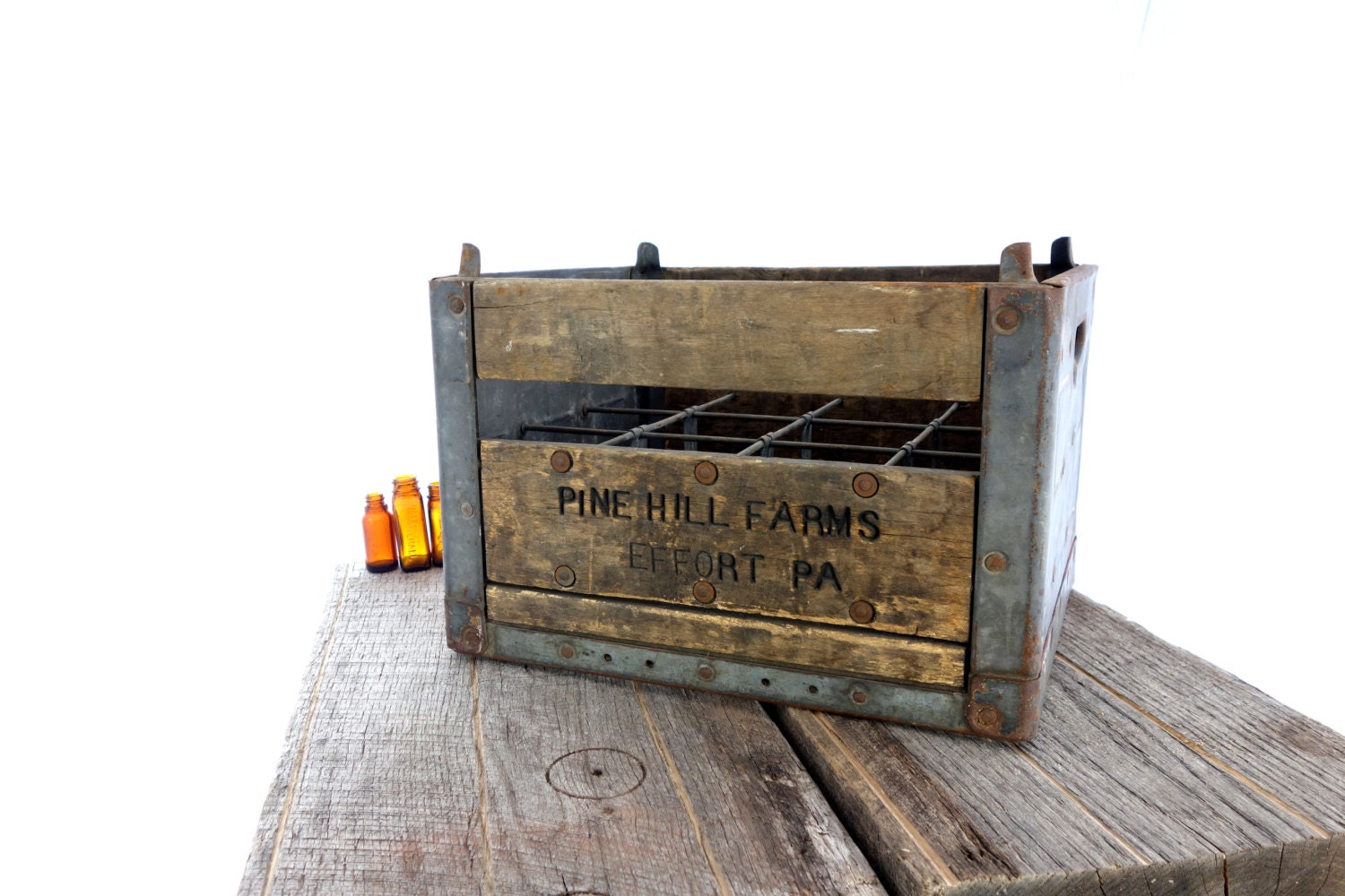Vintage Wood Dairy Box - Metal and Wood Dairy Farm Milk Crate - Upcycled and Reclaimed Wood and Steel