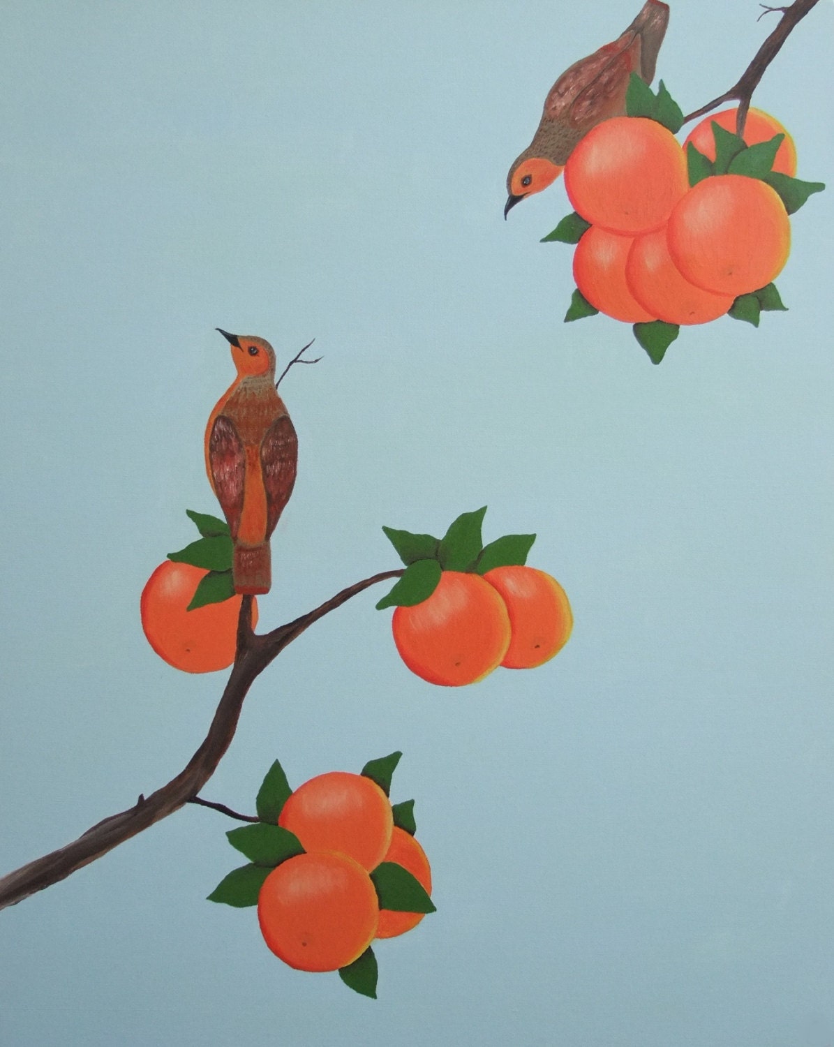 Art print 8x10 Birds in orange tree on pale blue background
