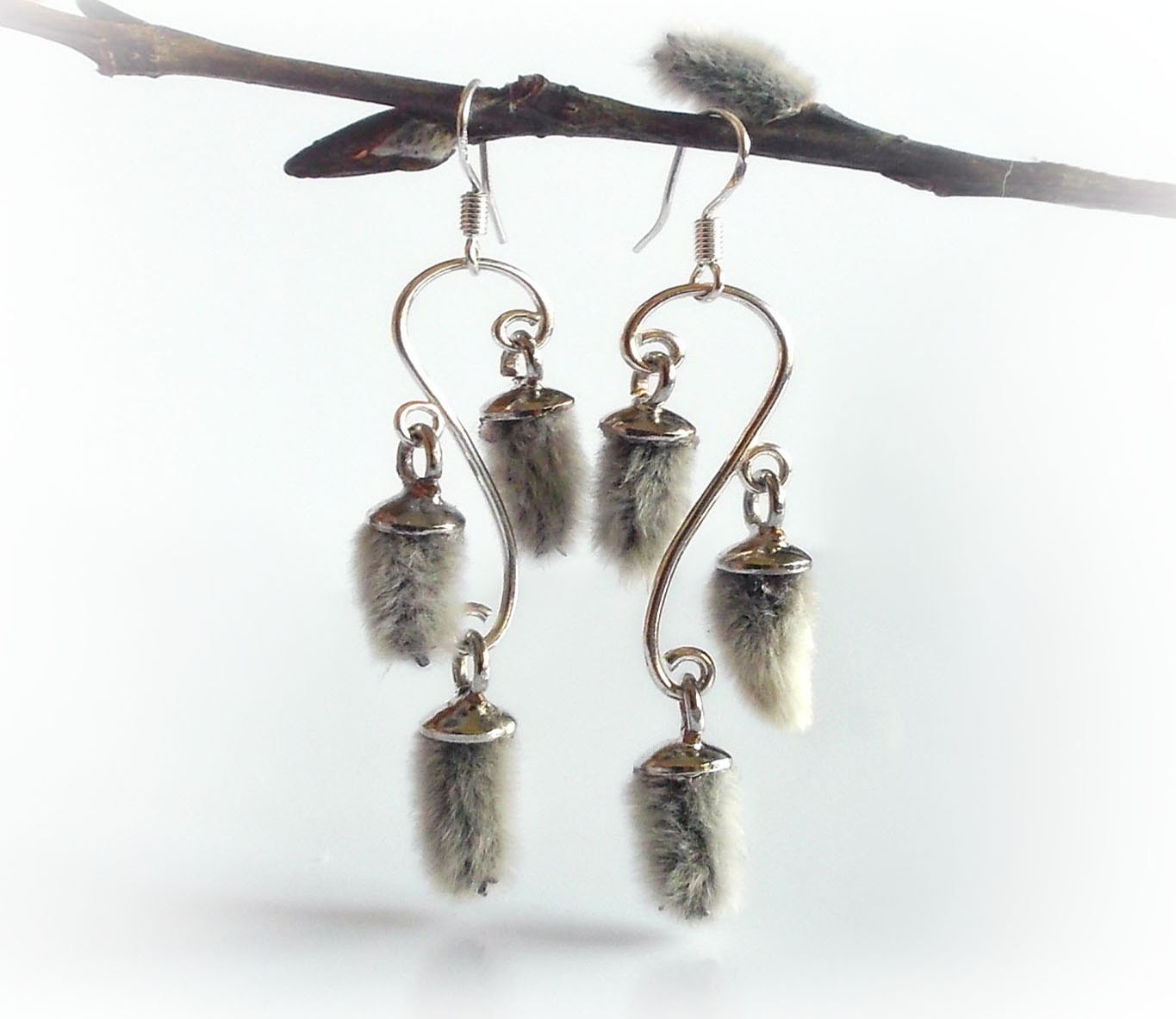 Sterling silver earrings with real pussy willow catkins, chandelier woodland earrings, nature jewelry