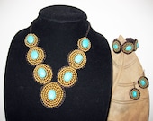 JEWELRY SET Brass Charm Surround Turquoise Necklace Bracelet Earrings Thailand (ST113-T)