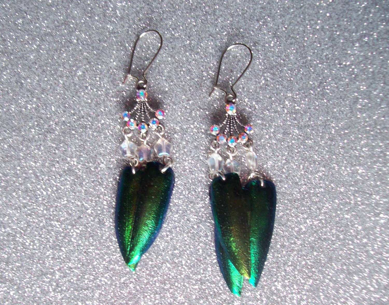 Woodland Princess - Jewel Beetle Wing Earrings with Czech Glass Beads and Swarovski Crystals