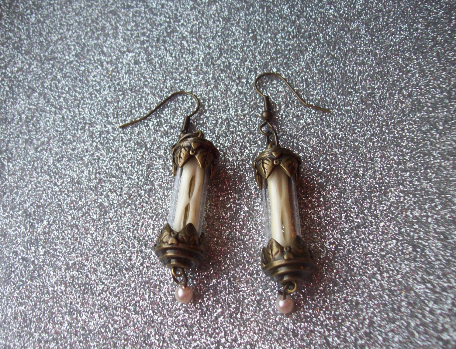 Dark Charm - Brass Earrings with Faux Bone and Glass Pearls