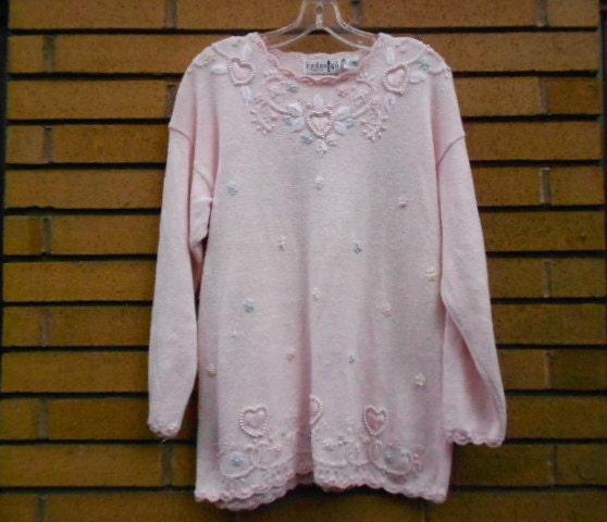 Vintage 80s/90s Girly Pink Sweater with Hearts Pearls and Sparkles by By Design size L/XL