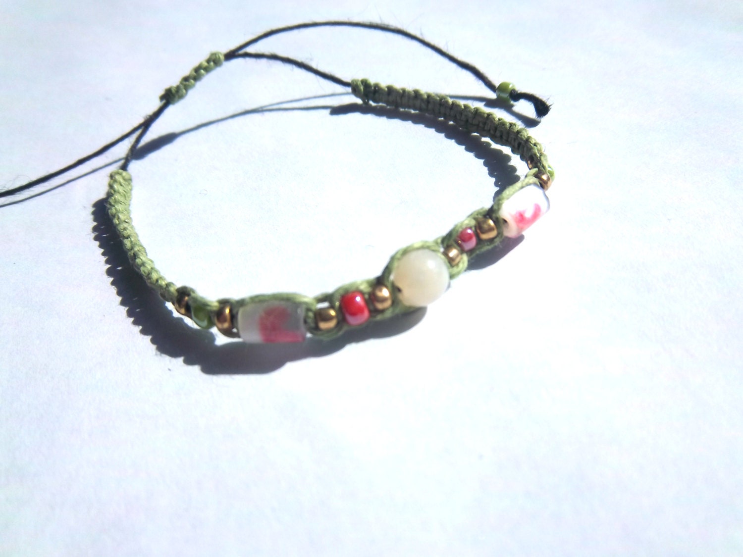 Spring Hemp Bracelet: Green Pink White Gold Adjustable
