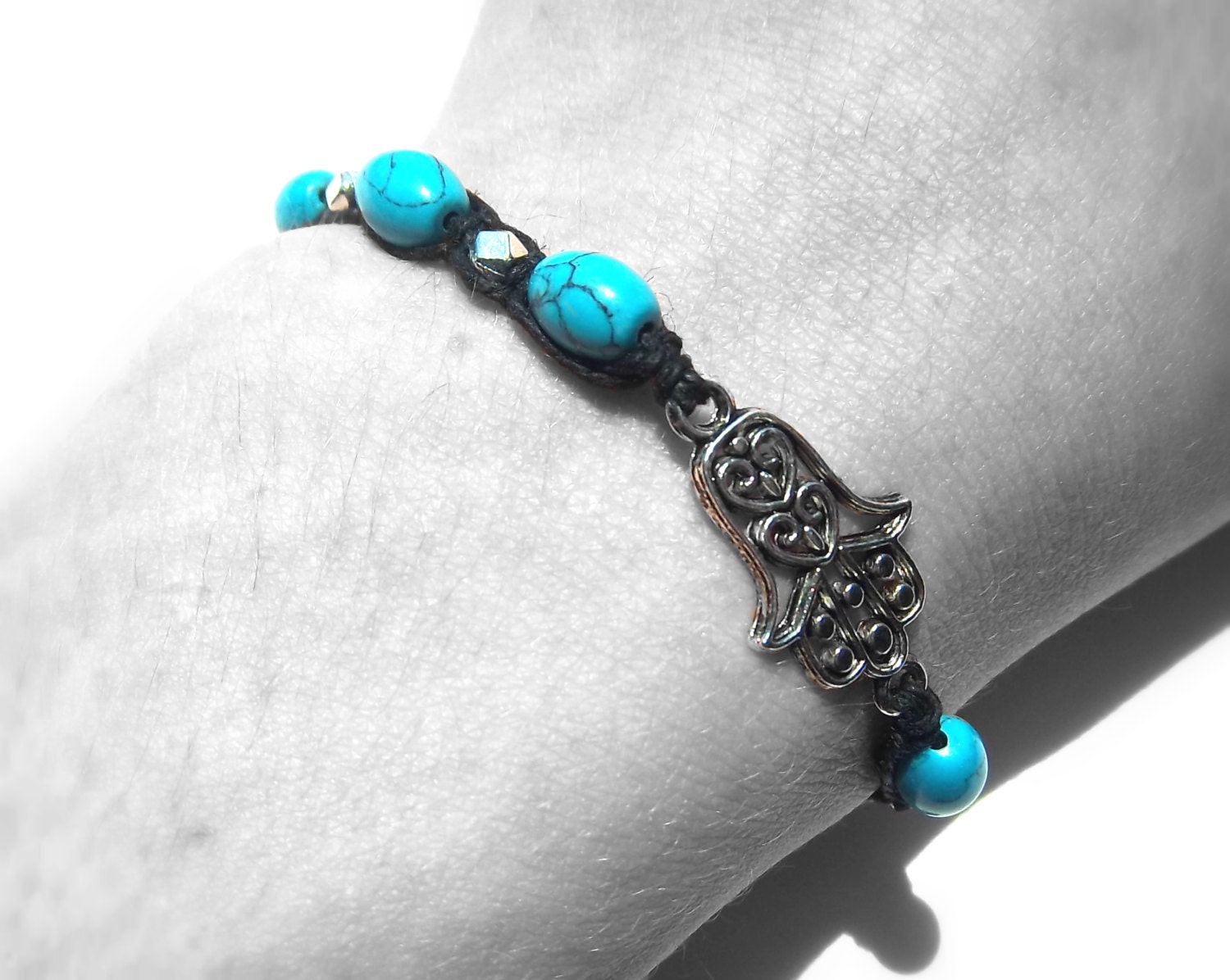 Hand of Fatima Bracelet with Turquoise and Silver beads for Protection and Luck. Adjustable