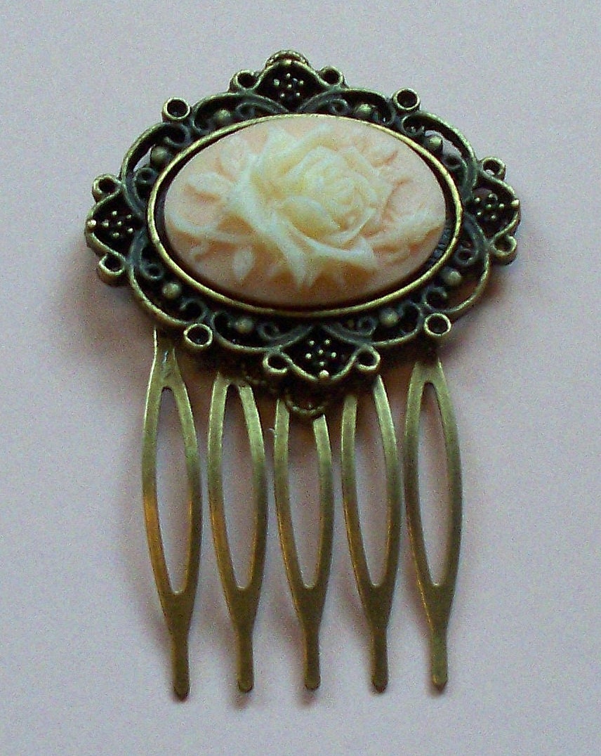 Vintage Inspired Hair Comb, Pink Hair Comb, Wedding Hair Accessory, Wedding Hair Comb, Cameo Hair Comb, Antique Brass Filigree Hair Comb