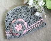 Crochet Baby Hat - Baby Beanie Hat - Handmade Baby Newborn Infant Toddler Girls Hat - Winter Hat - Grey Gray and Pink Hat - MADE TO ORDER