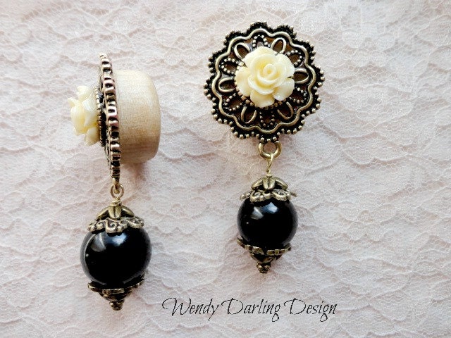7/8" Organic 'Victorian Romance' Antique Gold Ivory and Jet Black Dangle Plugs