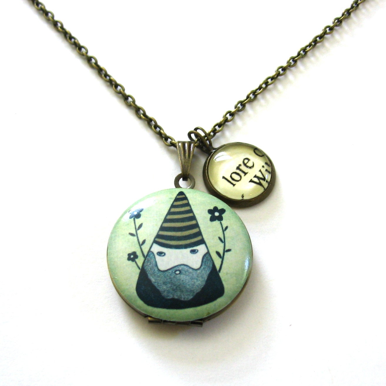 Folk Art Gnome Locket in Emerald Green with Lore Word Mini Pendant Fairy Tale Library Card Necklace by The Written Nerd