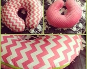 pink chevron & minky boppy slipcover monogrammed with green colored zipper