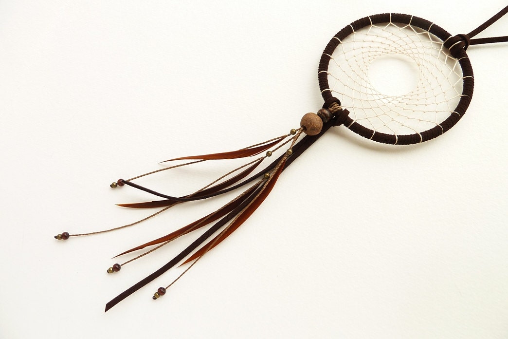 Dream catcher, Dreamcatcher, Light brown earthy toned Tribal feather necklace with real feahters and ceramic and brass beads, Home decor