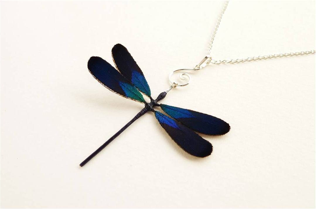 Dragonfly necklace, Dragonfly jewelry, Dragonfly, Unique handmade dragonfly with silver spiral, Silver blue real feather dragonfly necklace