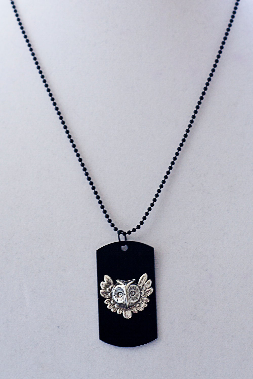 Mens Unisex Silver Owl and Black Dog Tag Necklace