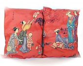 Oriental Family Pillow Set (2) - Feng Shui Tea Room Home Decor Gift - Asian Zen Kimono Geisha Ornate Design Pagoda Fan Samurai Print Pillows