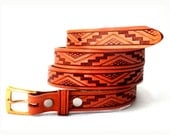 Aztec Belt Geometric Design Tooled Leather by Fred Harvey