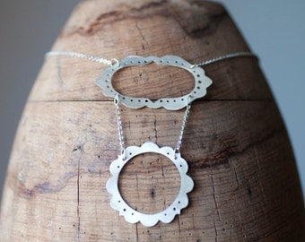 OOAK statement necklace in recycled matte sterling silver. Silver Cut-outs. Pierced scalloped frames. Metal lace