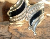 Vintage Mexican Black Enamel and Silver Clamper Bracelet Ornate Detailing Tribal 1950s