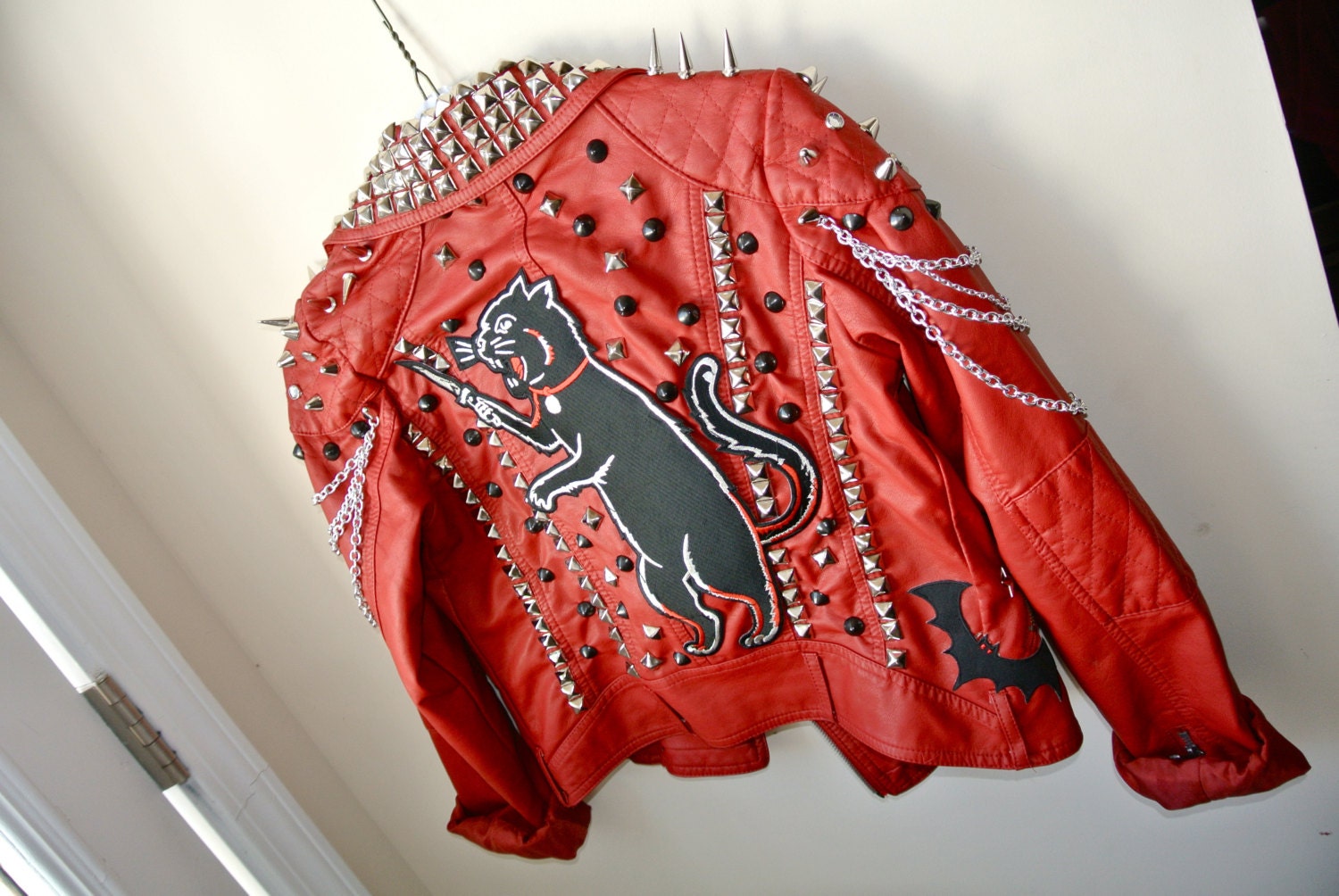 Custom Red Studded Leather Cat Jacket XS