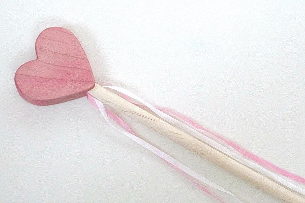Wooden Toy Wand - Heart and Silk Ribbon Wand-  Waldorf Valentine's Day