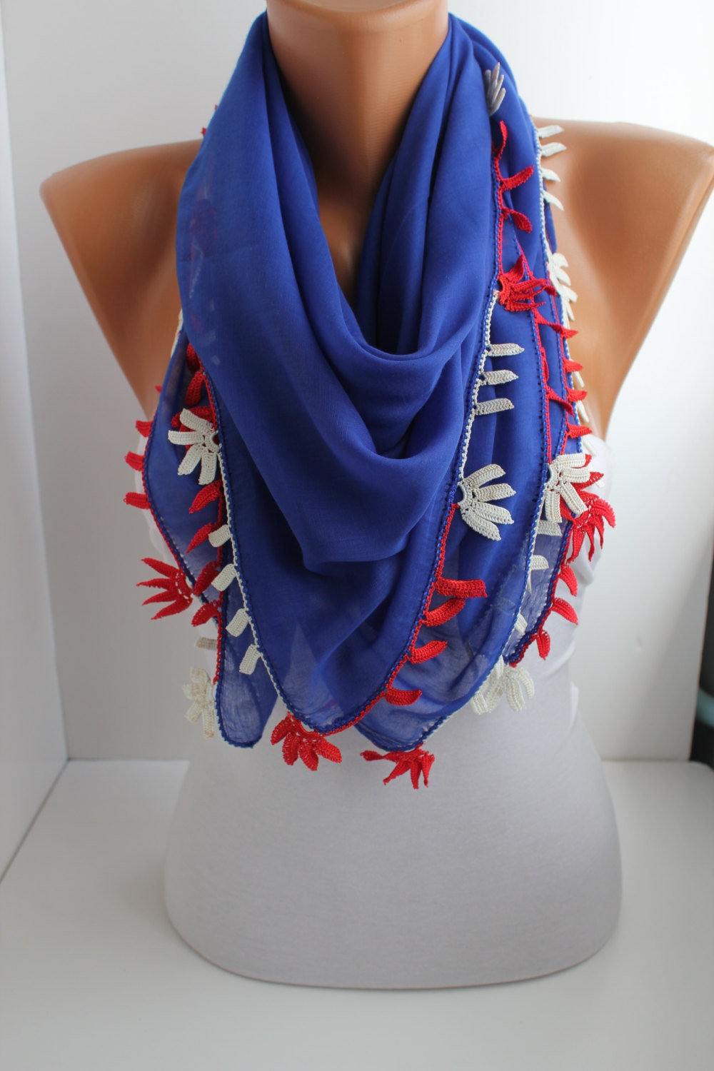 NEW- Blue Yemeni Shawl Scarf  Oya Headband- Crochet edge- American Flag colors