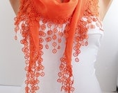 Cotton Scarf - Orange Scarf  - Shawl - Headband -Cowl with Lace Edge Summer Scarf