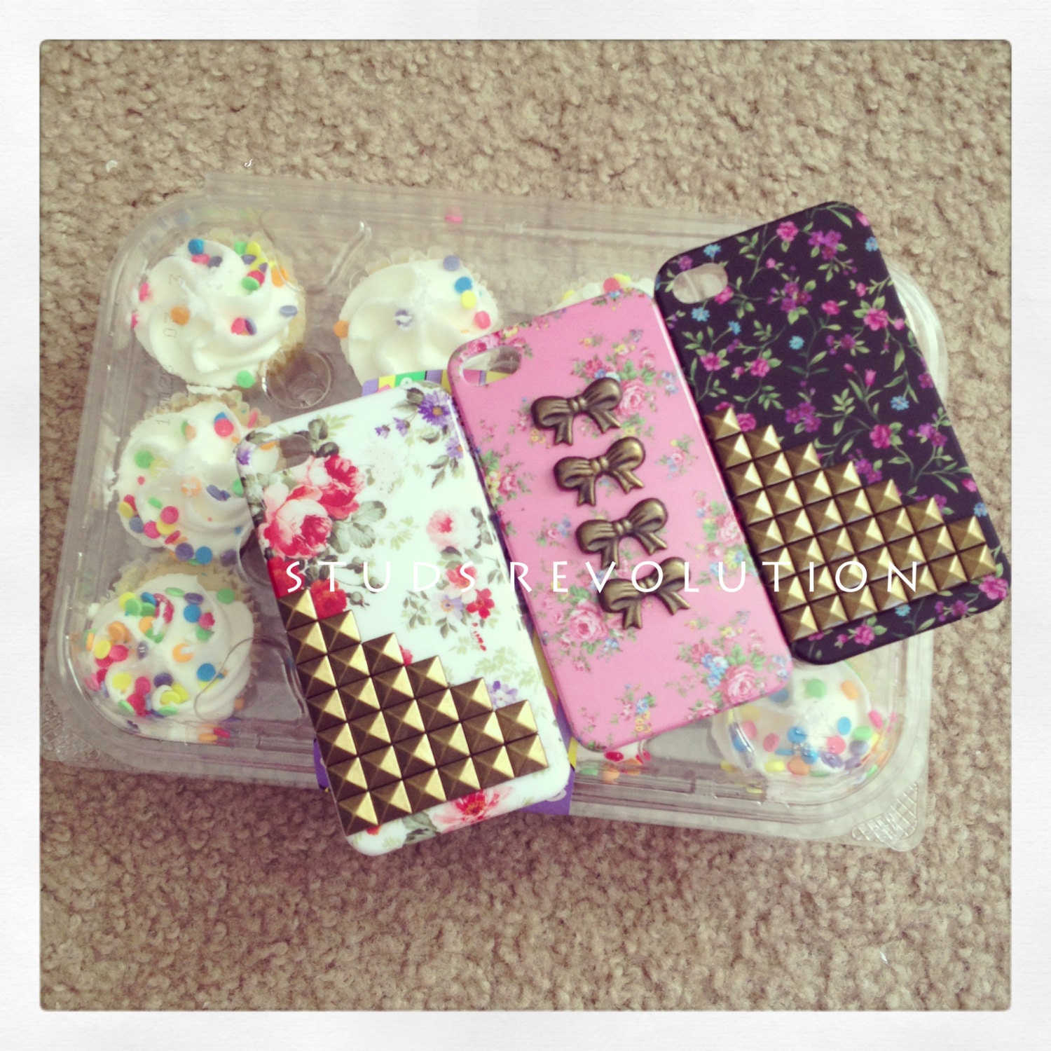 Studded victorian floral white iPhone4 case with bronze pyramid studs  ready to ship next business day :)