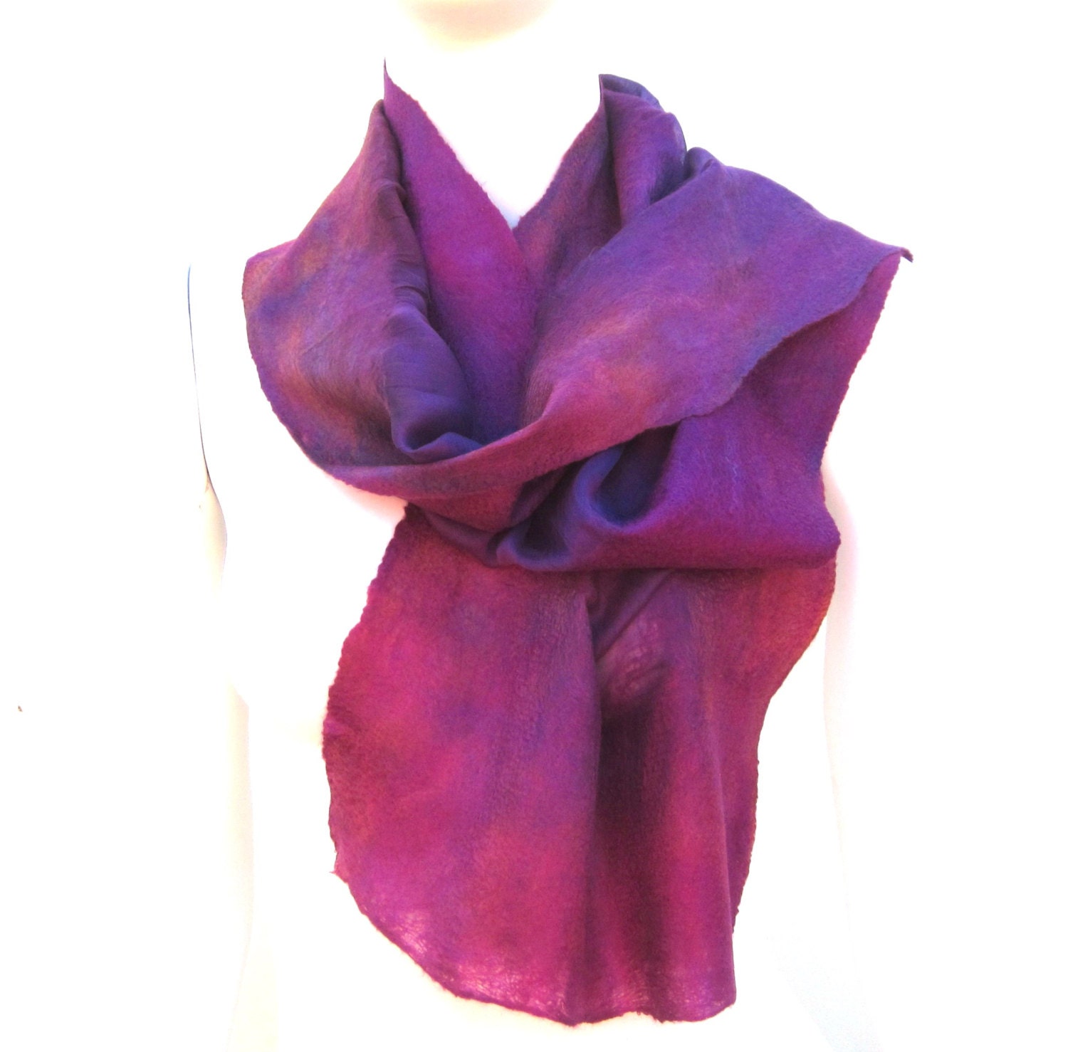 Purple Silk Scarf Fuchsia and Caramel Nuno Felted Superfine Silk and Merino Wool