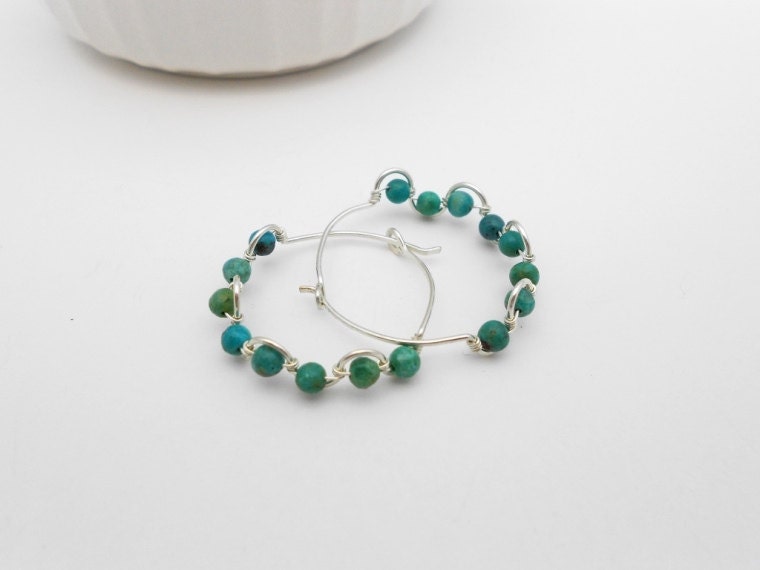 Silver and Turquoise Earrings, Wire Wrapped, Hoop Earrings