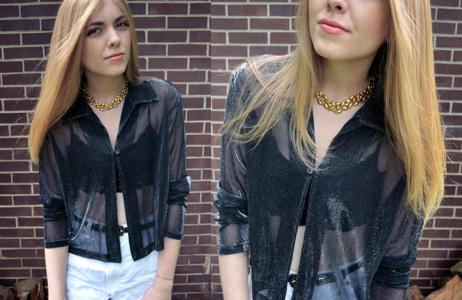 Vintage Black Silver Mesh See Through Layer Top