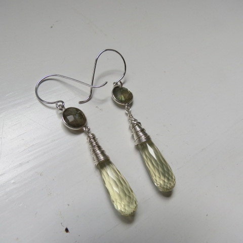 Lemon Quartz and Labradorite Dangle Sterling Silver Earrings - So soft, So feminine
