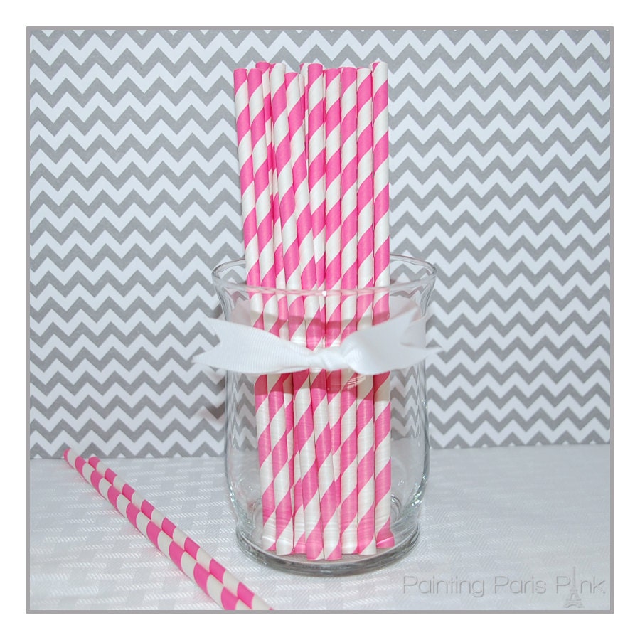 25 Paper Party Drinking Straws - STRIPES - Bubble Gum