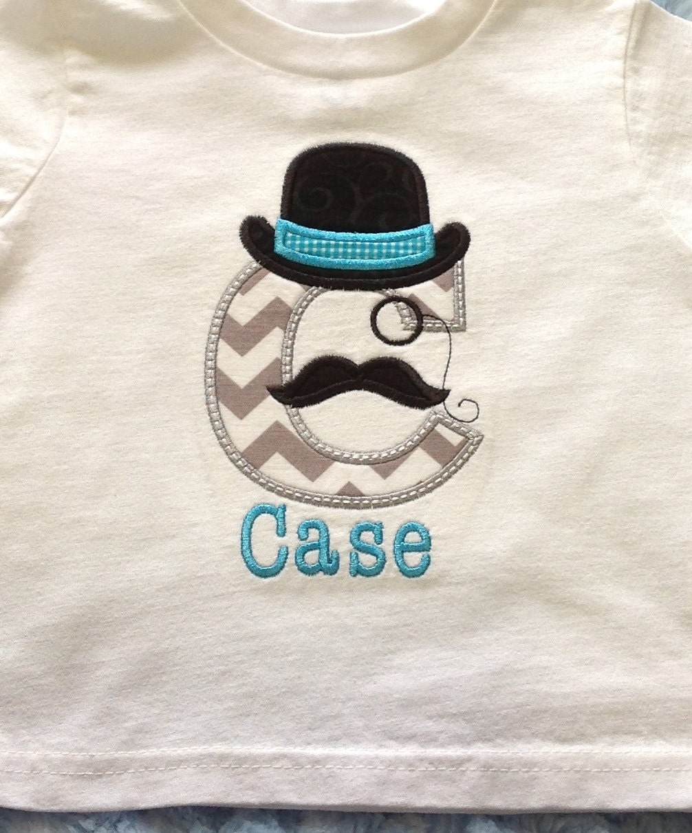 Applique Englishman Mustache Top Hat Alphabet Letters Chevron T-Shirt