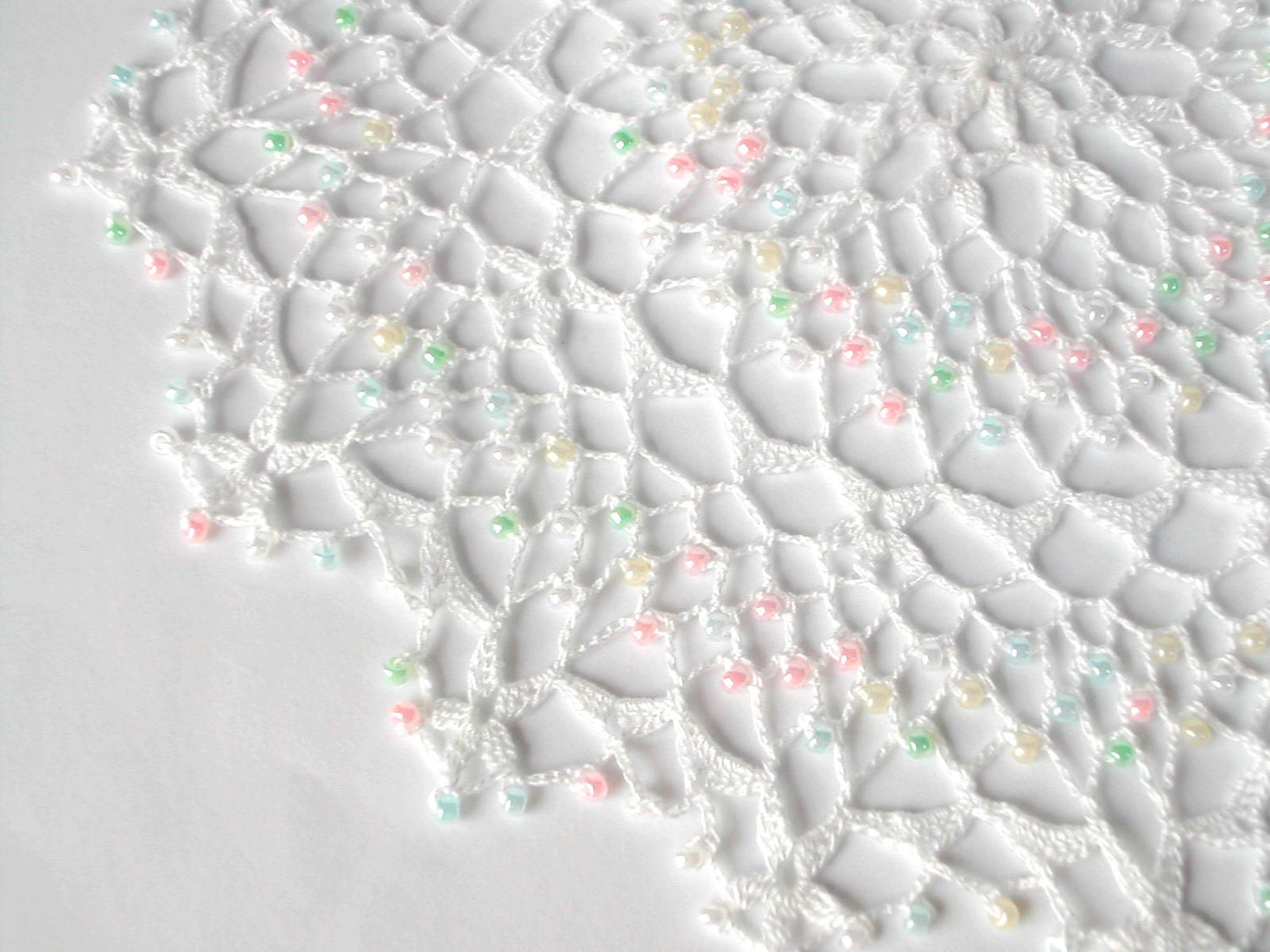 crochet white lace doily / table centerpiece with pastel beads