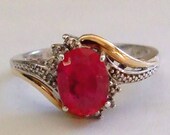 Ruby Ring w/ 4 Diamonds - Sterling Silver & 10K Yellow Gold