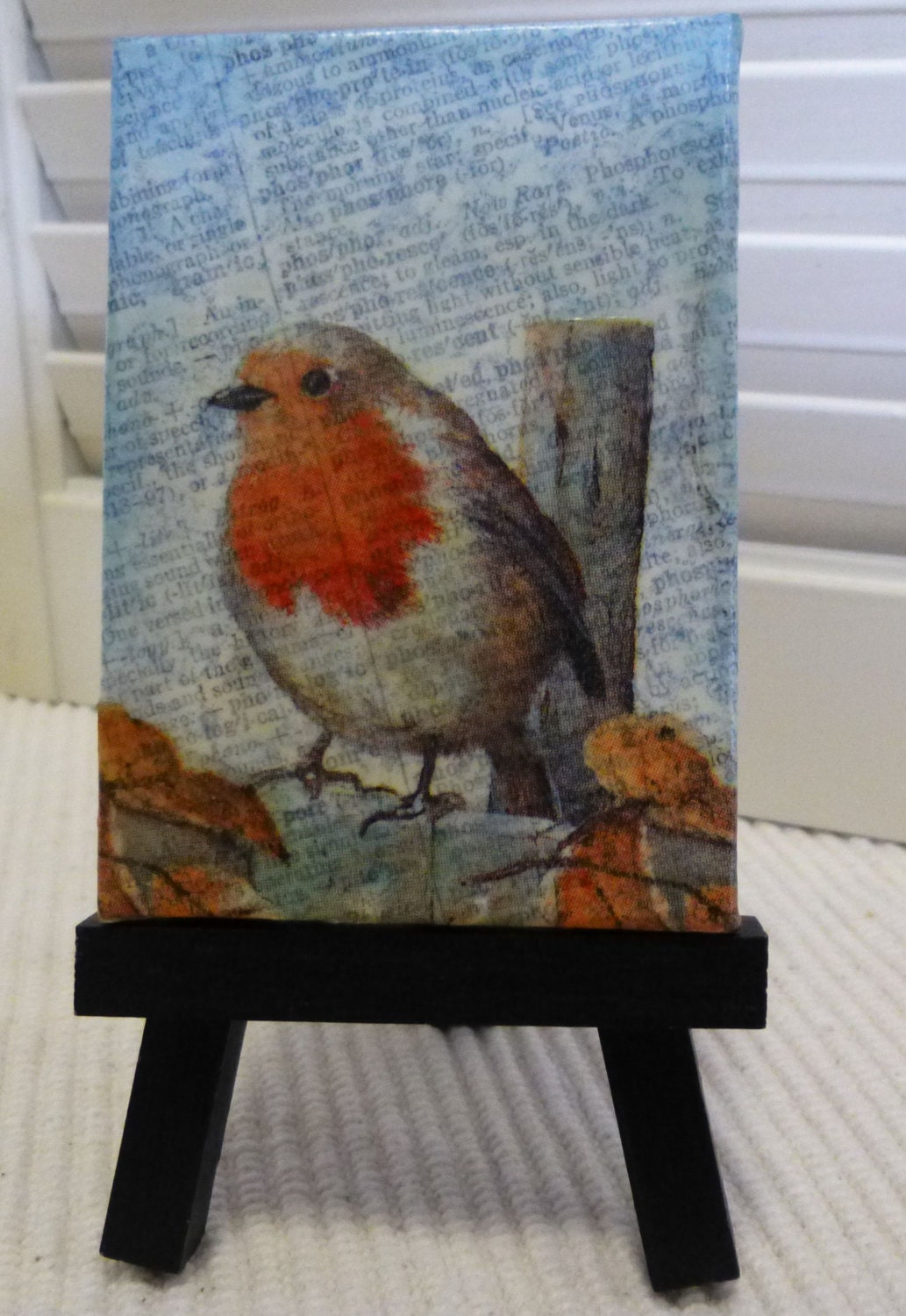 Robin Red Breast Encaustic Collage, Natural Beeswax, Bird Art, Miniature Art, Home Decor