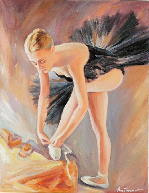 Ballerina Girl Preparing Her Shoes Ballet Dancer Figurative Art Oil Painting on Canvas Wall Decor