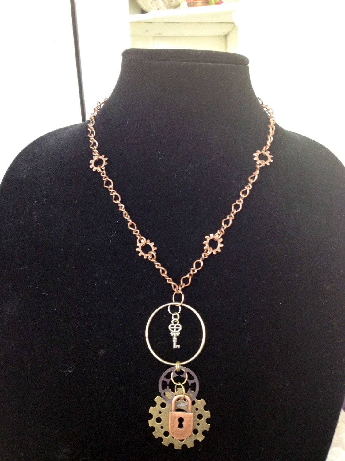 Steampunk Gears, Lock and Key Necklace