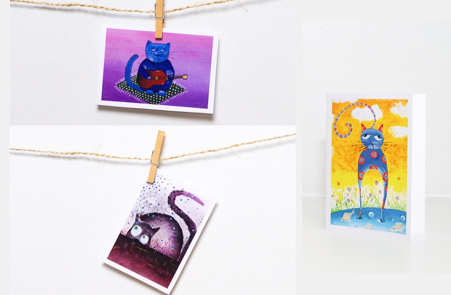 Funny Greeting card set of three 3 / Cat painting kitty animal art / Greeting card display kits / Kitten illustrations