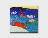 Colorful Funny Cat painting on canvas Nursery decor Kittens tiny original art Cat illustration cute home decor animal wall art 10x10