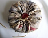 The Wedding Pouf- Round Ring Bearer Pillow in Lavender Wine and Gold Floral Jacquard with Wine Button and Gold Ribbon