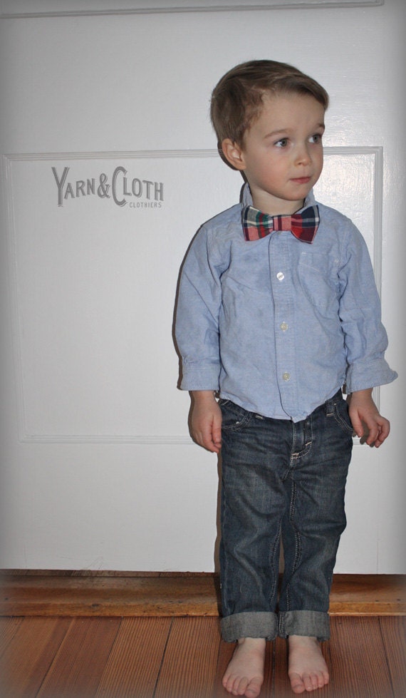 Toddler Boys Babies Clip on Bow Tie 100% Cotton - Navy Green and Red Madras Plaid