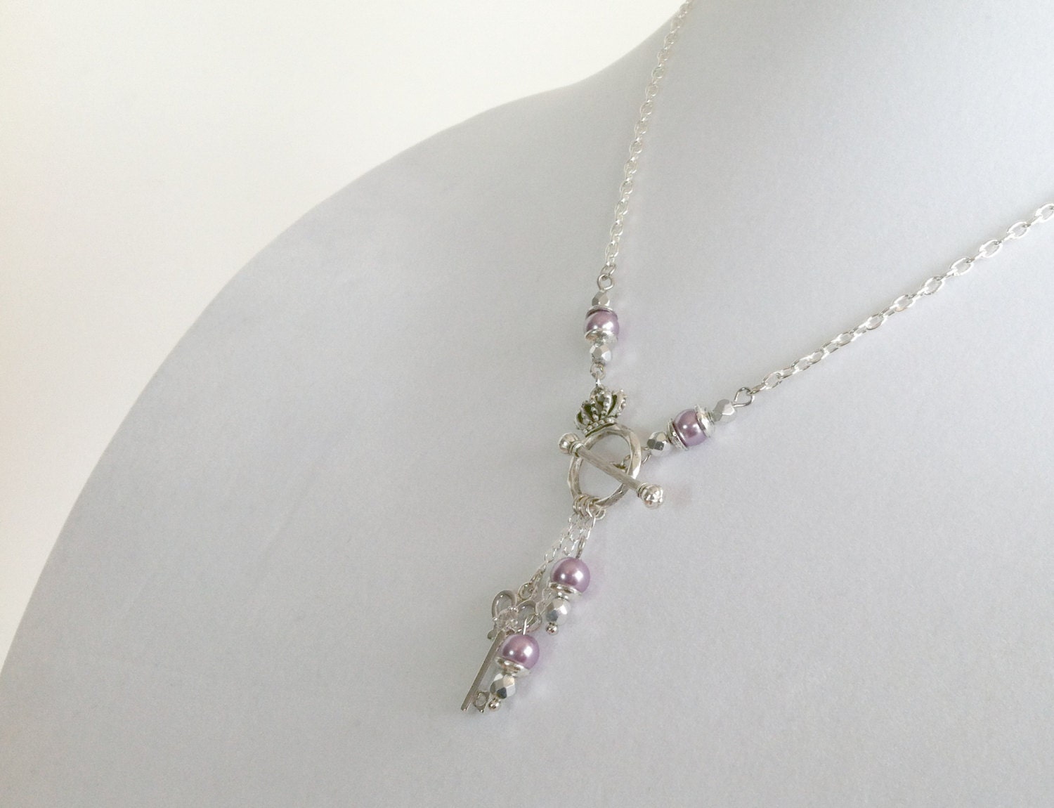 Crown and Key Necklace - Purple Pearl
