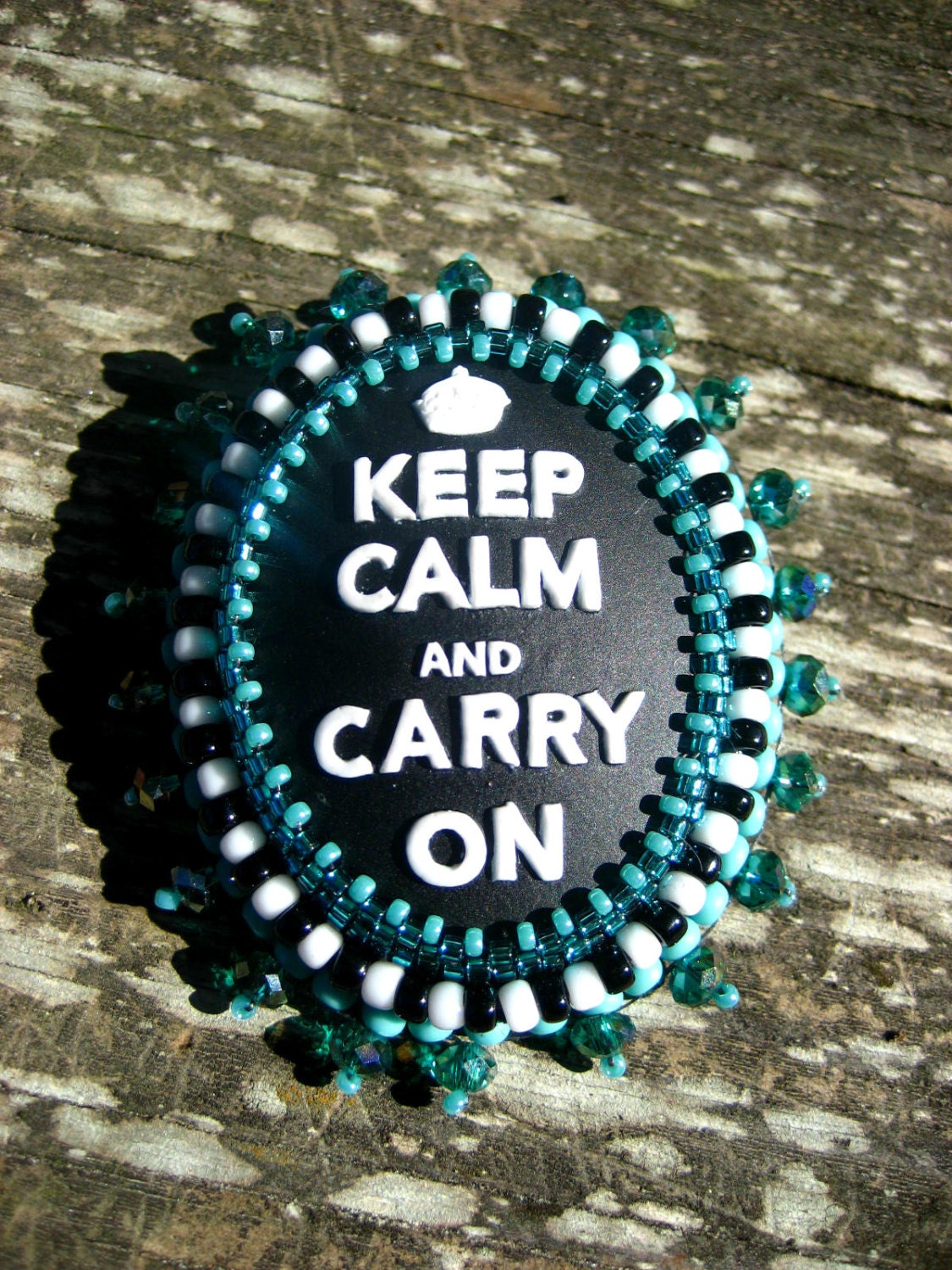 Keep Calm and Carry On Jewelry - Beaded Pin - Beaded Brooch - Ruffle Brooch - Bead Embroidery - Bead Embroidered