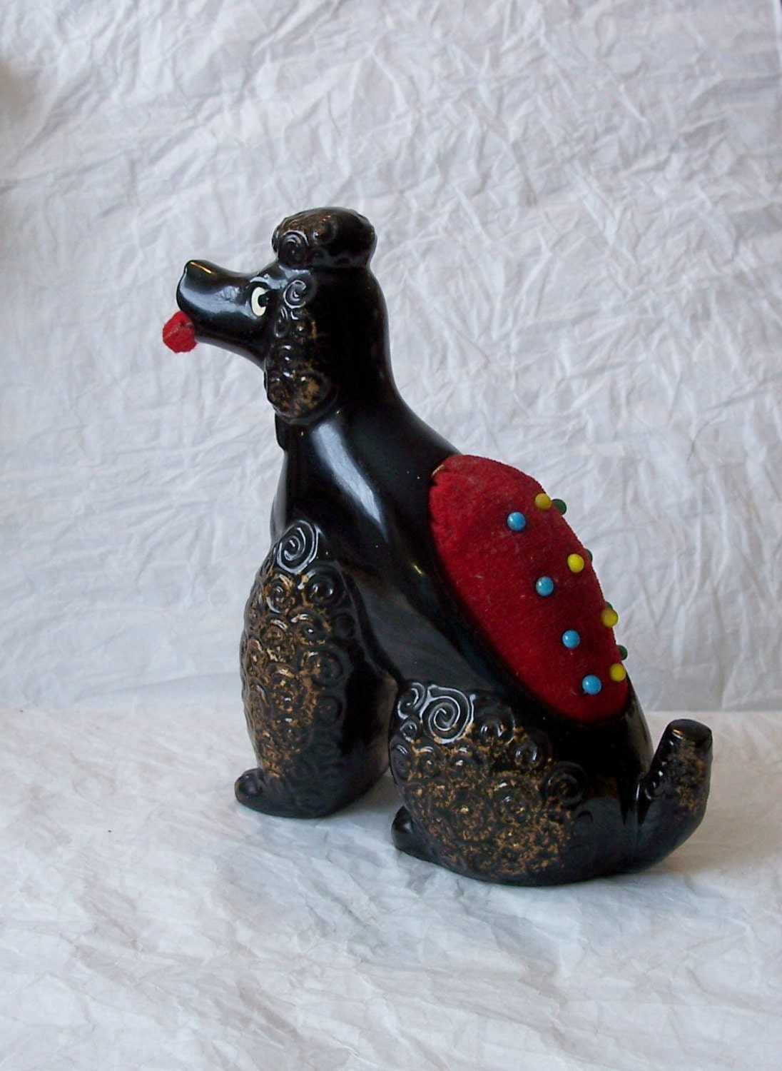 Vintage 50's Ceramic Poodle Pin Cushion and Tape Measure