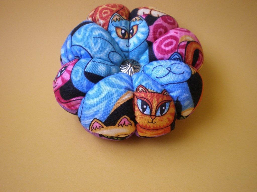 Pincushion CAT FABRIC. Great for a sewing gift - Round Pin Cushion. Double Sided Bright Cats.
